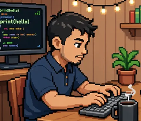 Pixel art illustration of a developer coding at a desk.